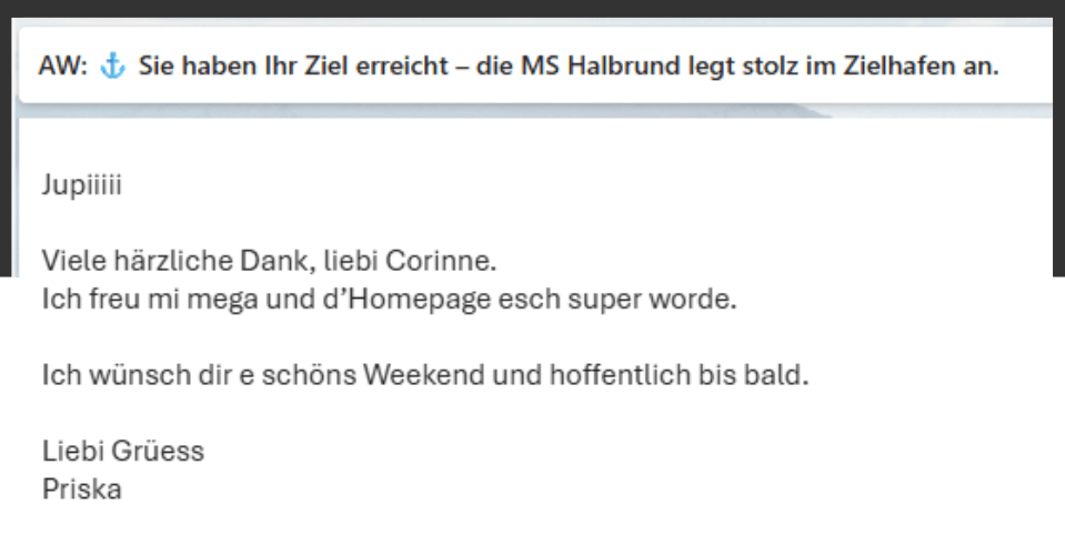Kundenfeedback-Webdesign-Projekt-Selbststaendig-Moehlin Kundenfeedback von einer Selbstständigen Kundin im Bereich Kinesiologie Behandlungen aus Möhlin im Aargau, sagt wie toll sie die neue Homepage findet.
