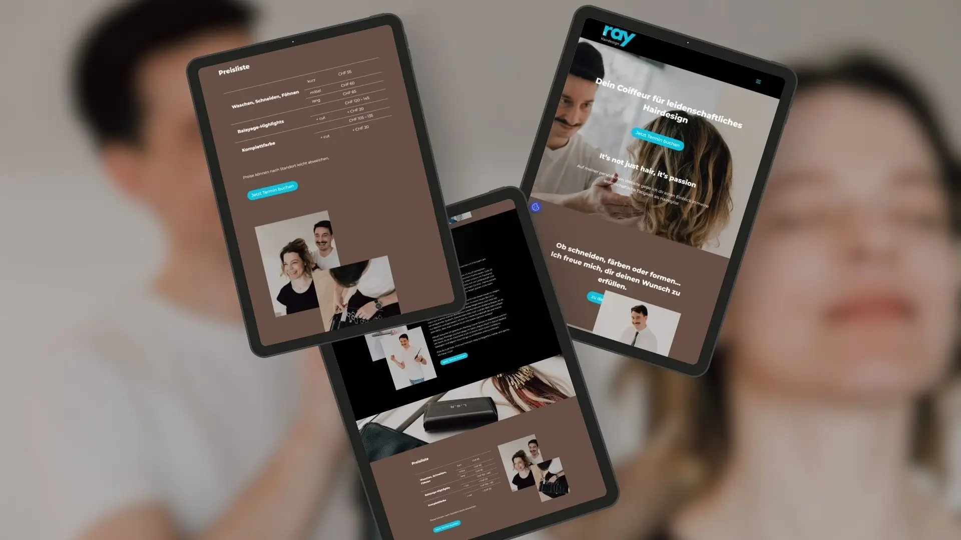 Onepager-Webdesign-Zuerich-Portfolio Website Projekt für einen Onepager für einen Friseur aus Zürich wird in 3 verschiedenen Tablet-Versionen präsentiert.
