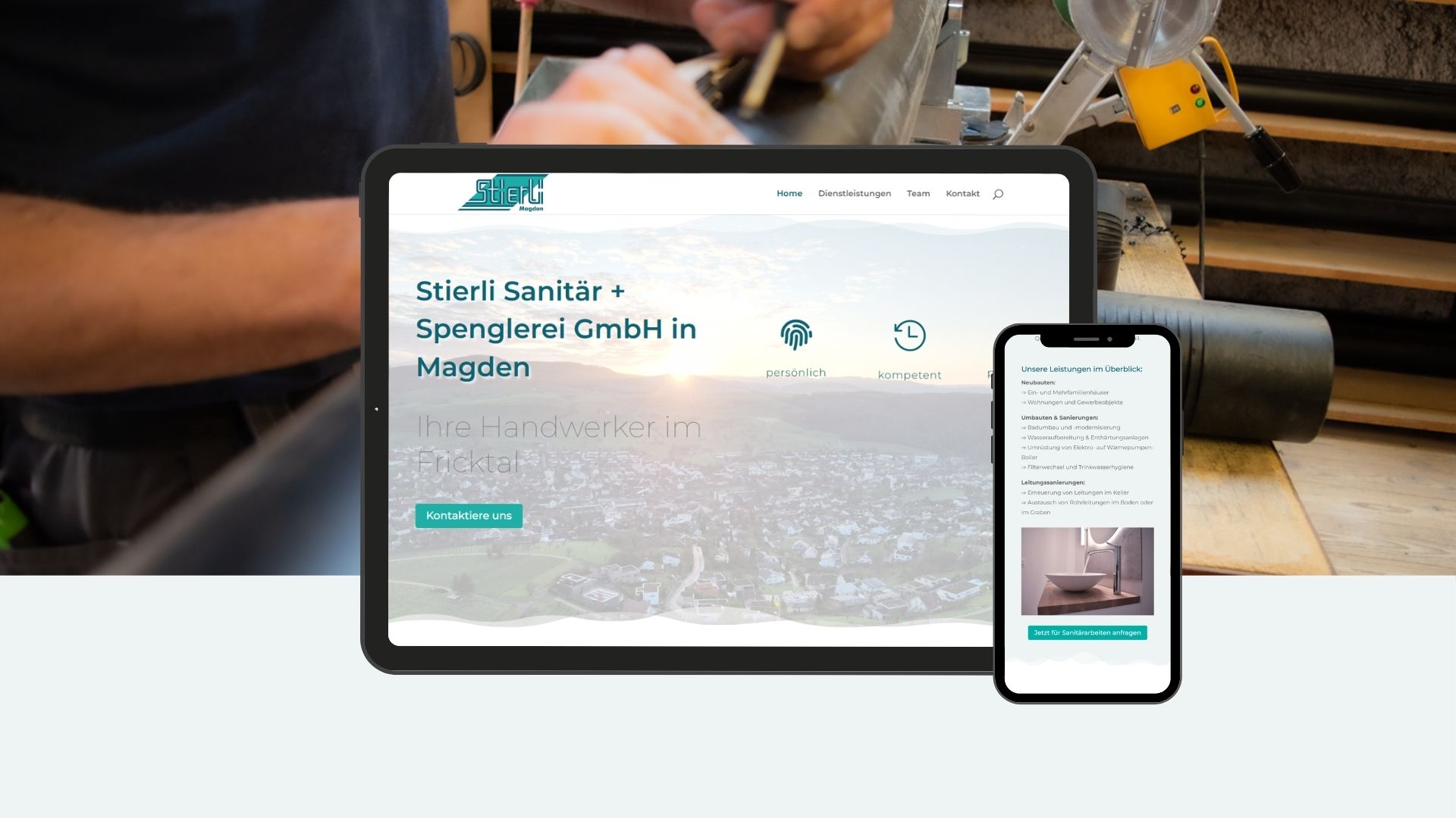 Webdesign-Magden-KMU-Sanitaer-Betrieb Webdesign Portfolio zeigt die neue Website von einem Handwerkbetrieb aus Magden im Tablet und Mobiloptimierung.