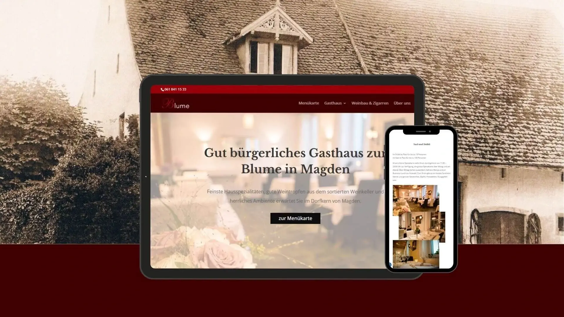 Website für ein Gasthaus und Restaurant in Magden. Das Bild zeigt die fertig erstellte Website optimiert auf Tablet und Smartphone.